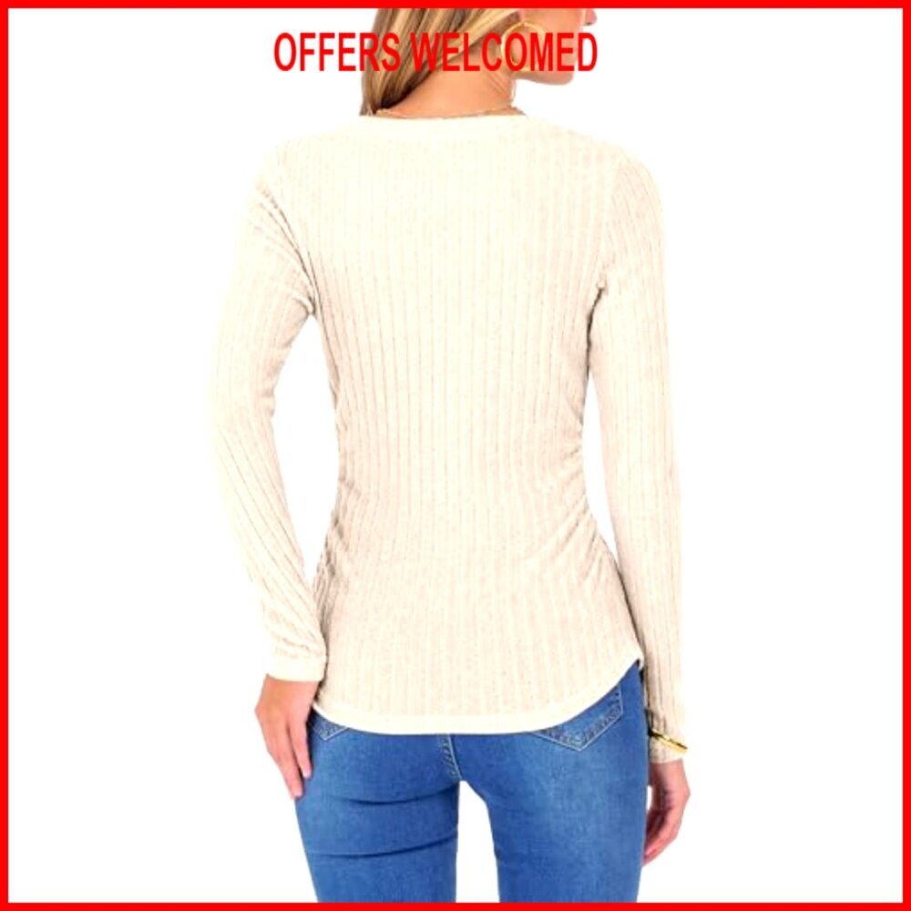 Long Sleeve V Neck Ribbed Knit Slim Fit Lightweight Sweater Tunic Shirt - Picture 5 of 6